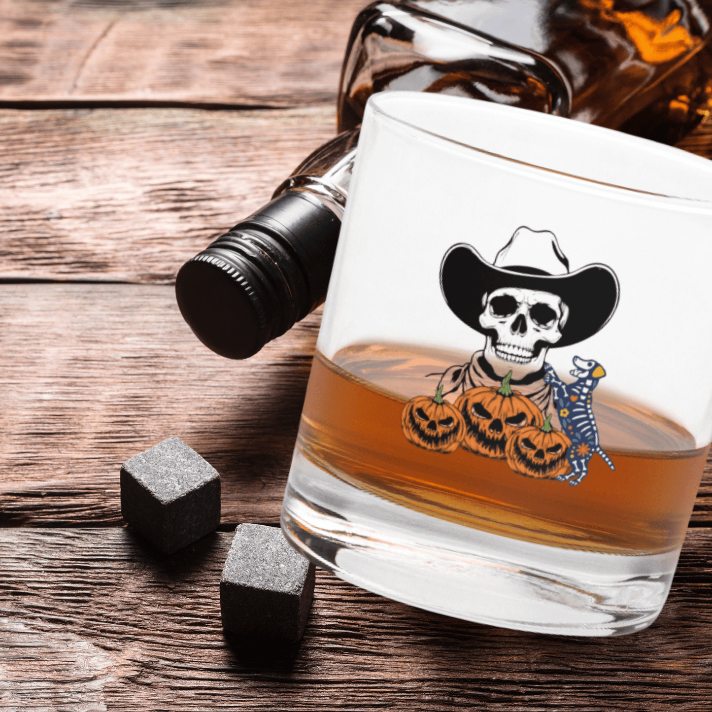 Halloween Whiskey Glass – Dog Skeleton with Skull & Pumpkin Design - The snout club 1985