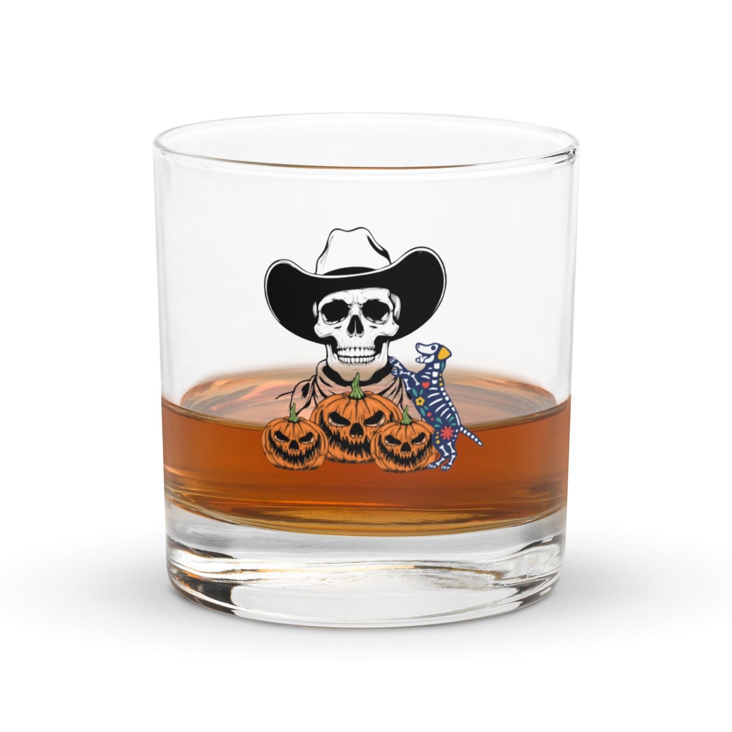 Halloween Whiskey Glass – Dog Skeleton with Skull & Pumpkin Design - The snout club 1985