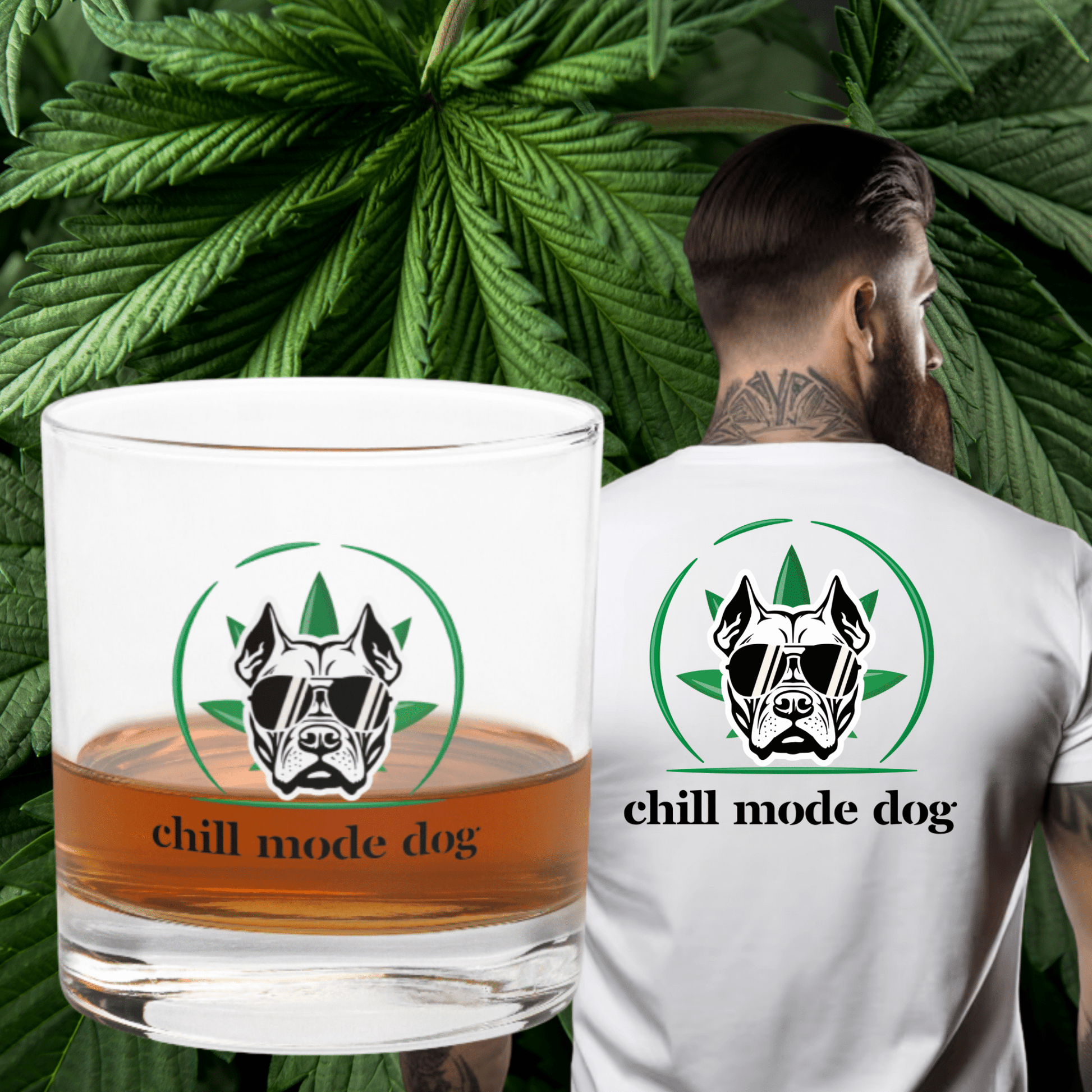 Cannabis with Dog T-Shirt & rocks glass - The snout club 1985