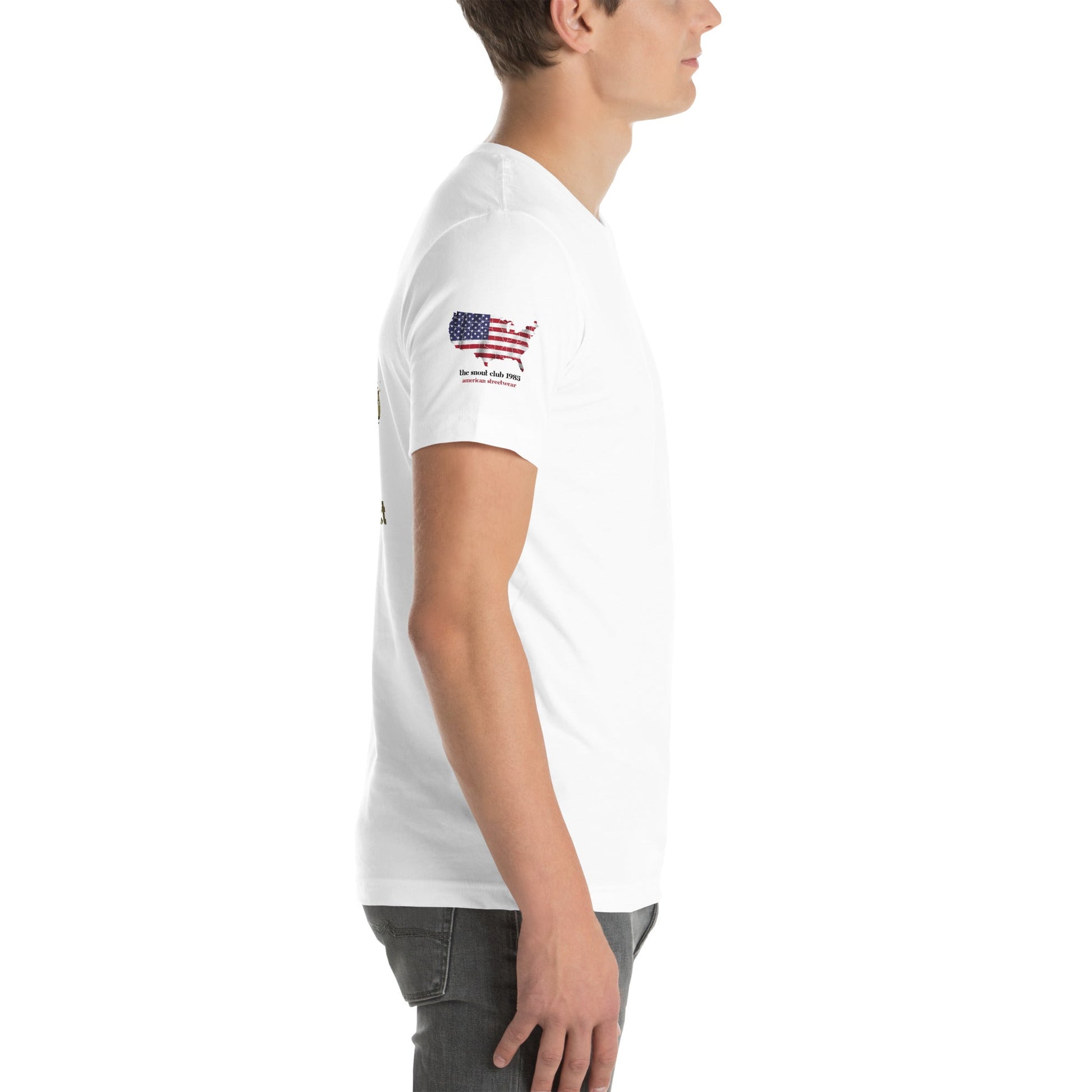 Patriotic Bulldog T-Shirt – Born to Protect | US Flag Dog Design - The snout club 1985